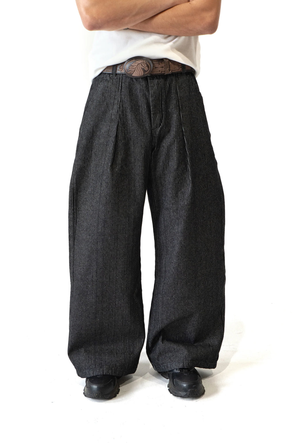 Straight Loose Fit Striped Raw Denim Pants